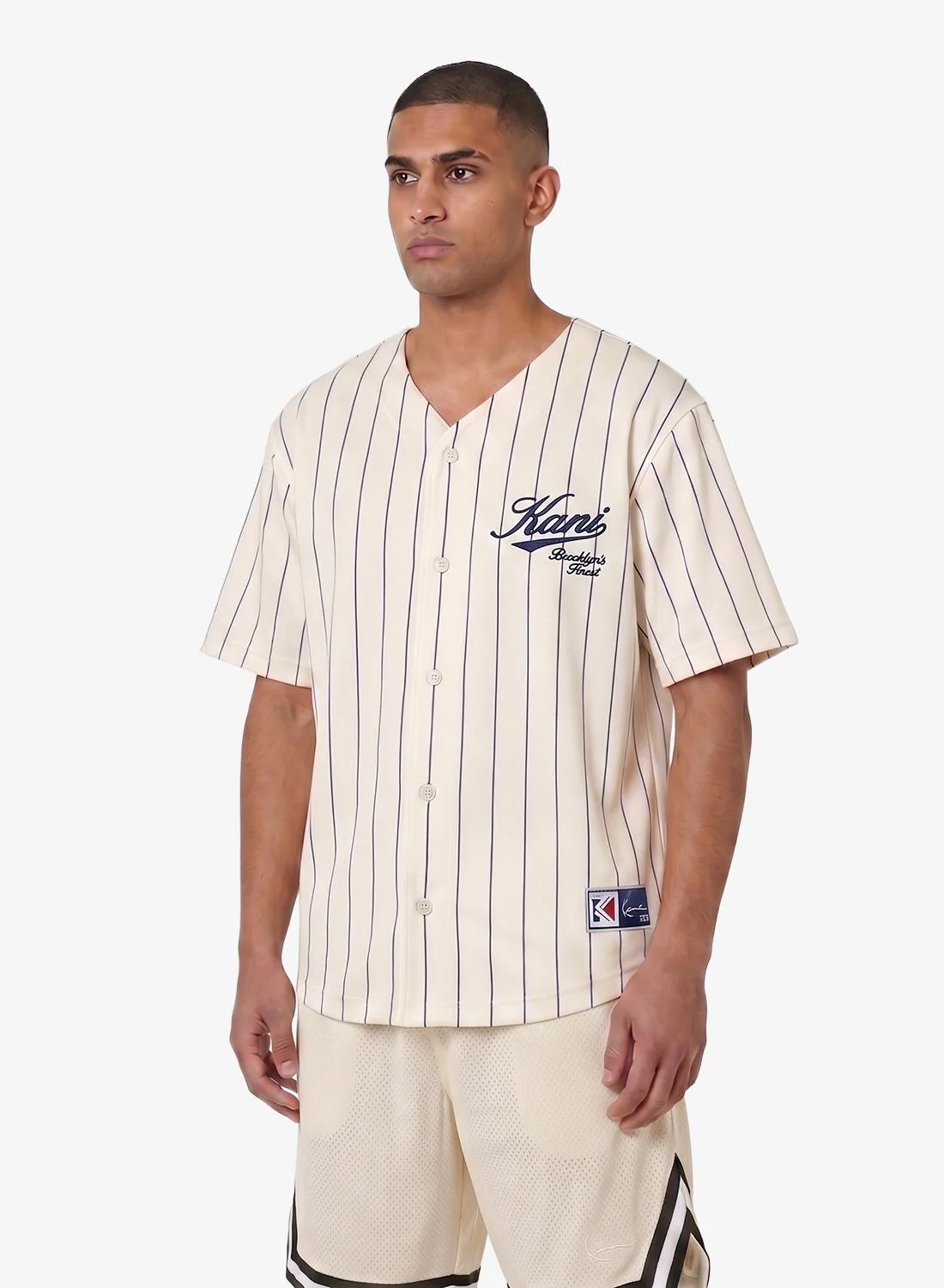 Premium Cursive Varsity Pinstripe Cropped Baseball Shirt (White, Medium) s7w7t