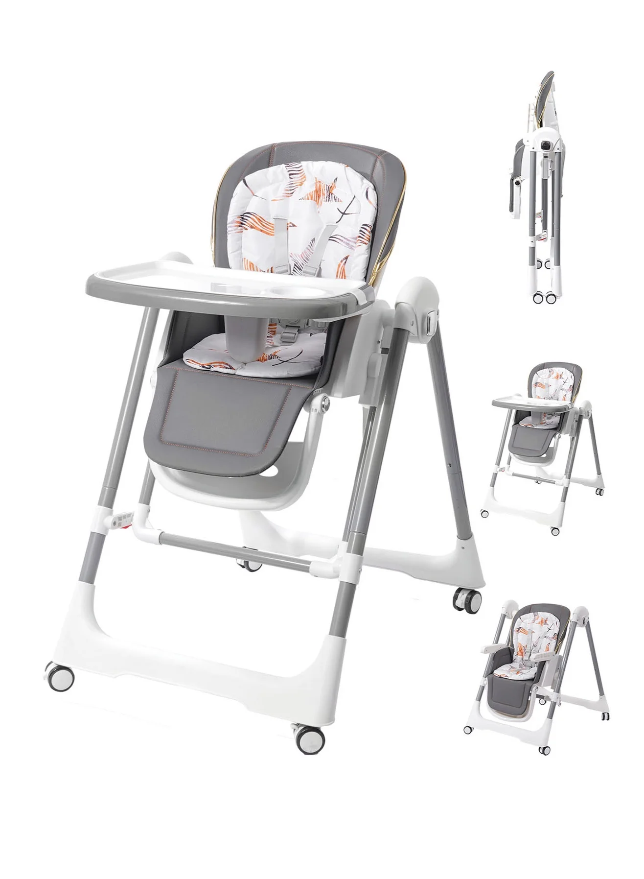 AL-WAHA AL-ZHABIA Adjustable Foldable Baby High Chair with Wheels and Double Trays (5-Level Height, 4-Position Recline, Grey) drrpo