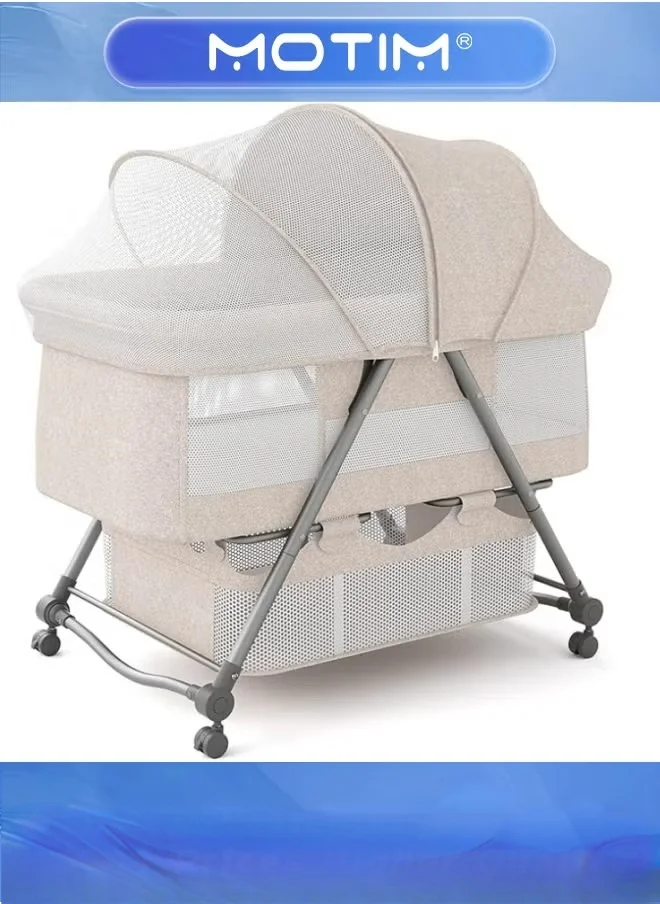 Motim 2-in-1 Portable Foldable Baby Bassinet with Mosquito Net and Memory Foam Mattress (Khaki, 90x50x80 cm) ybpih