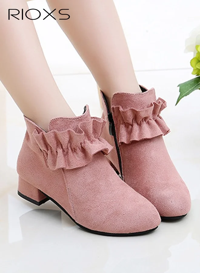 RIOXS Girls Ruffled Ankle Boots, Premium Suede Low Chunky Heel Dress Booties with Side Zipper (Pink, Toddler Size) 04fyu