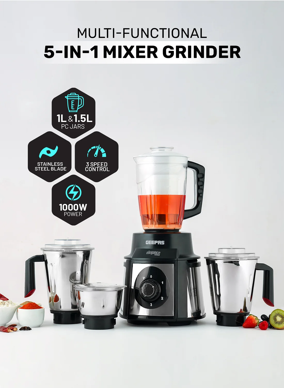 GEEPAS 5-in-1 Mixer Grinder with Stainless Steel Jars and Powerful 1000W Motor (White, 2.1 L) bgobx