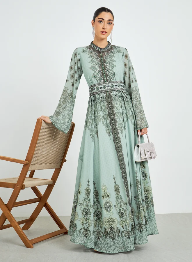 Amirah Printed Flare Sleeve Jalabiya with Inner Dress (Green, One Size) s4boz