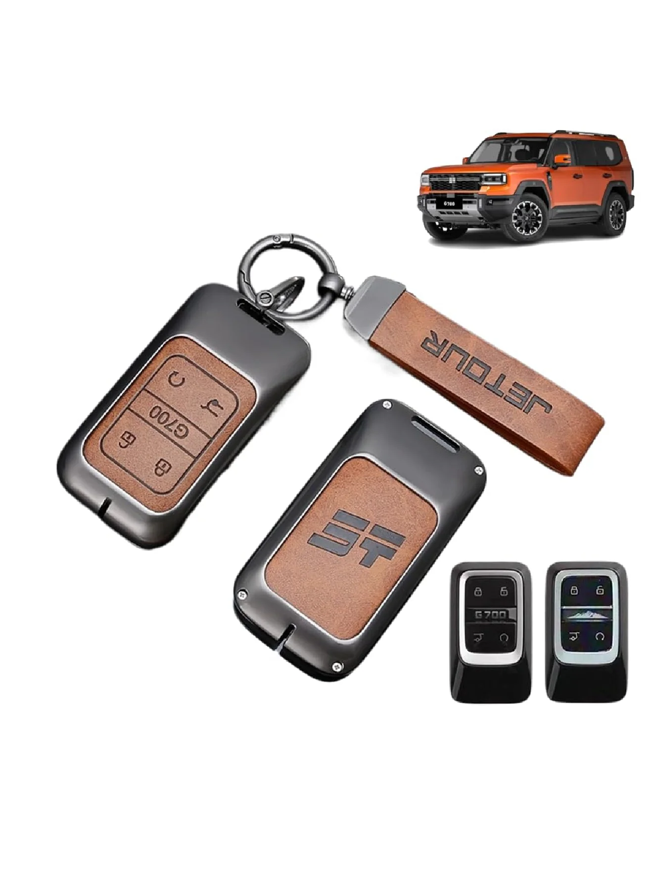 Adando Car Key Shell Case for Jetour G700 2025-2026, Premium Zinc Alloy & PU Leather Protective Fob Cover (Brown) u1msc