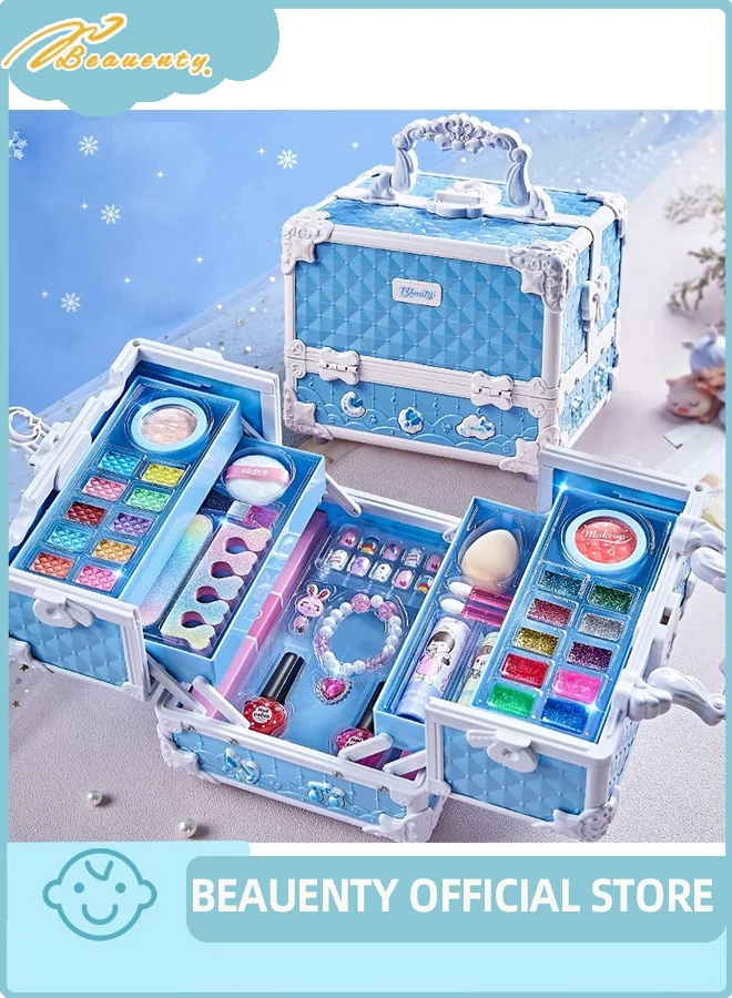 Beauenty Kids Makeup Kit Washable Cosmetic Set with Portable Vanity Case for Girls (Blue) 8rc7t