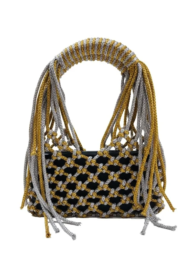 Handcrafted Crochet Tote Handbag Premium Metallic Evening Clutch for Women (Gold and Silver, 20cm x 15cm) fybc5