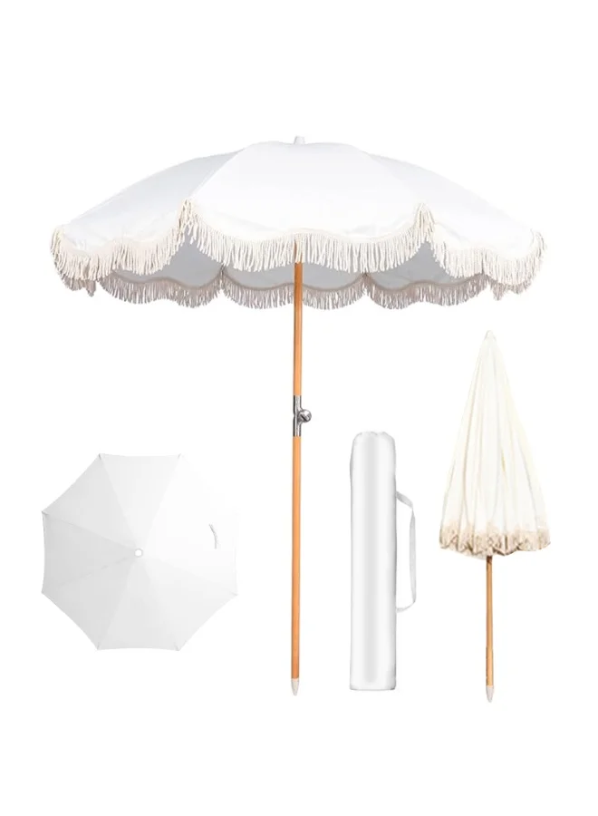 YSOAE Boho Patio Umbrella with Fringe, Premium Foldable Outdoor Beach Umbrella with Tilt Mechanism and Carry Bag (White, 198 cm) hbojo