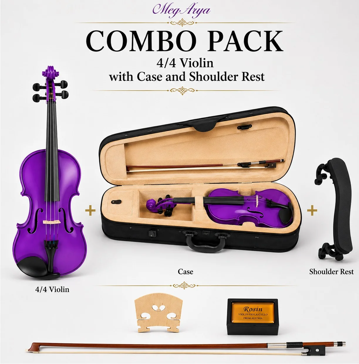 Megarya Handmade Acoustic Violin Kit (4/4 Full Size, Purple) Premium String Instrument with Case and Shoulder Rest for Students and Beginners o4csn