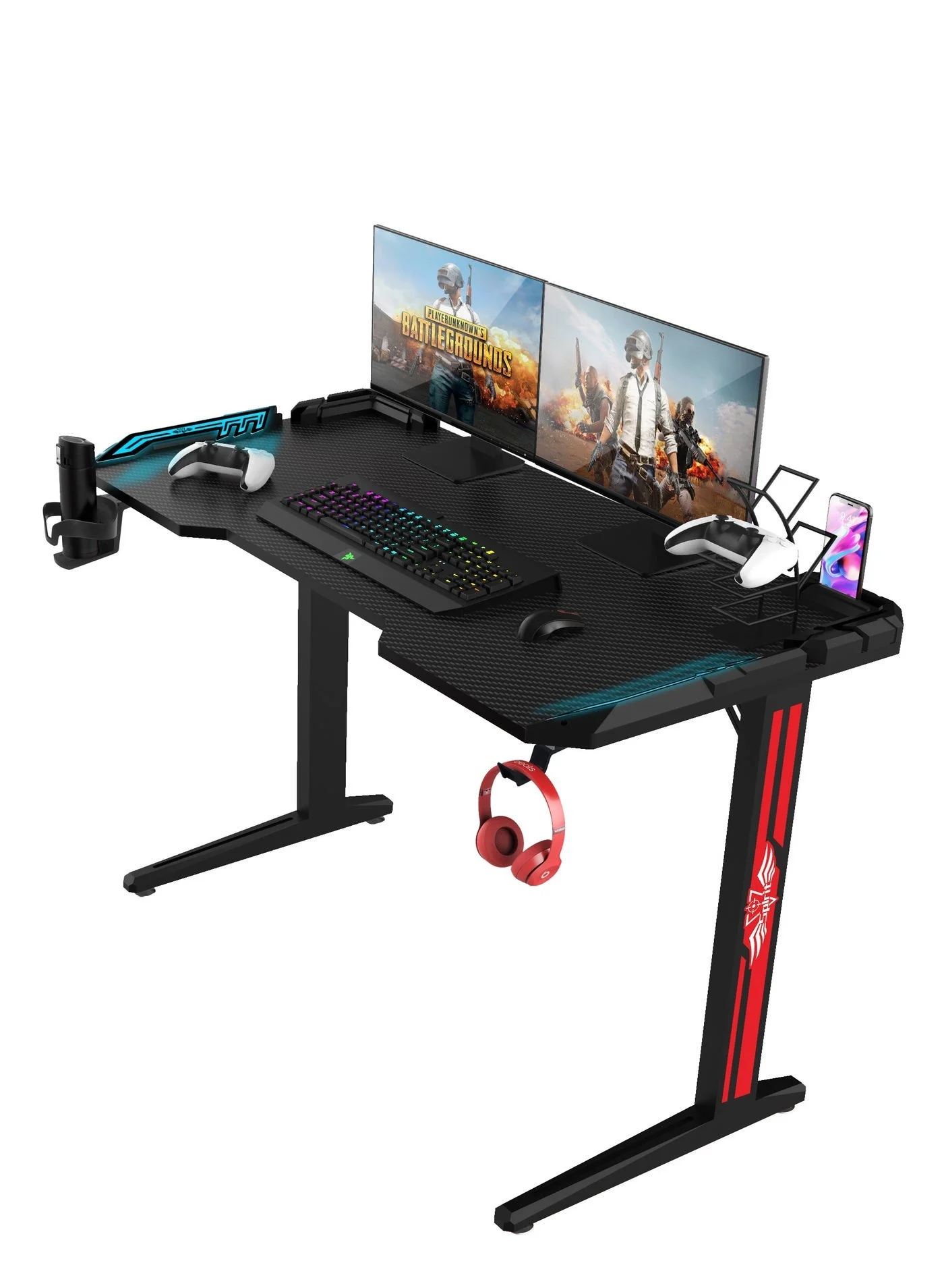 Green Lion RGB Gaming Desk with Cup Holder and Phone Groove, Carbon Steel Legs, Wear-Resistant Surface for Home Office (Black, 120x60 cm) idya1
