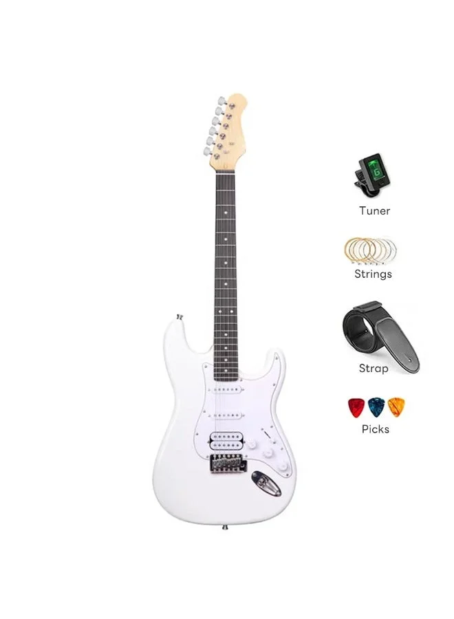 Sharpdo Electric Guitar Beginner Kit Full Size 39-Inch Premium Wood Instrument with 5 Accessories (White) h3lxx