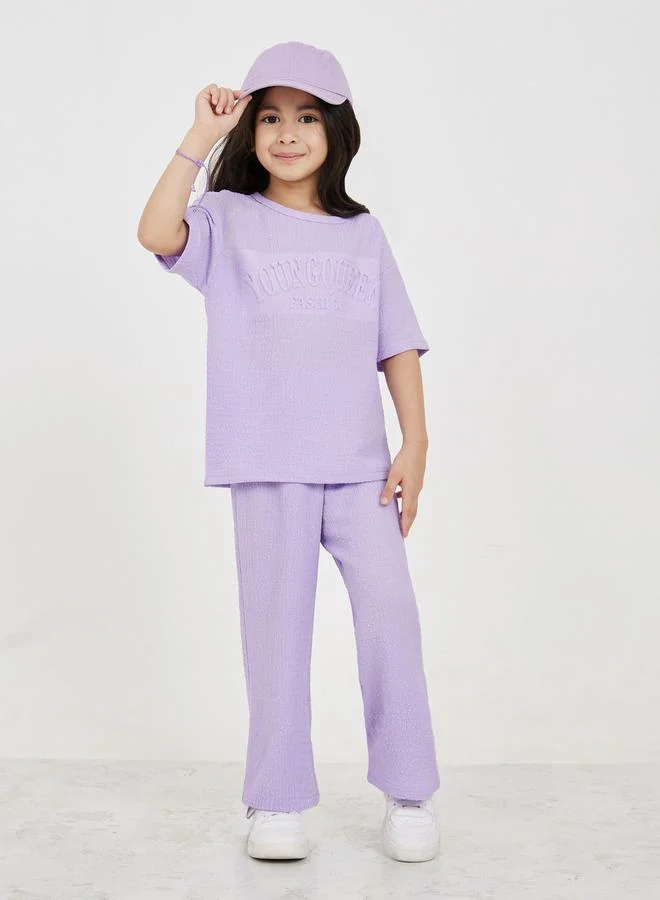 Styli Embossed Textured T-Shirt & Wide Leg Pants Set (Premium Casual Two-Piece Outfit for Women) h7nhq