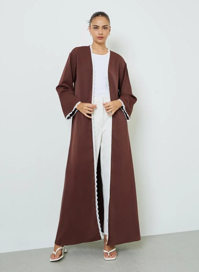Amirah Front Open Abaya with Elegant Lace Trim (Brown, One Size) 1px0u
