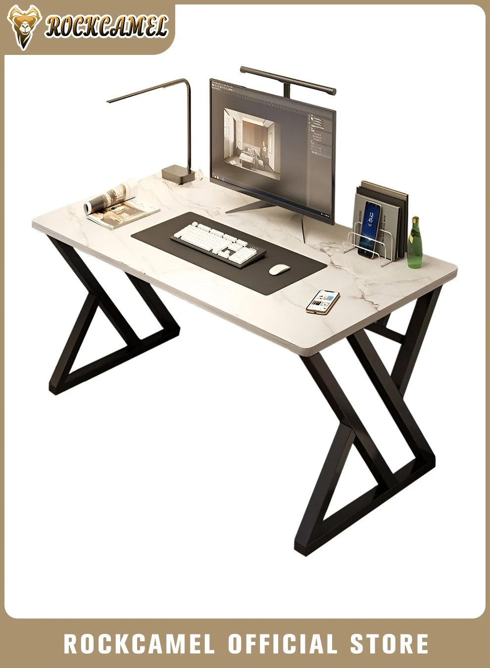 ROCKCAMEL Gaming Desk Computer Table with Sturdy Steel Frame and Thickened Panel for Home Office and Study (100x60x75cm) 55jfa