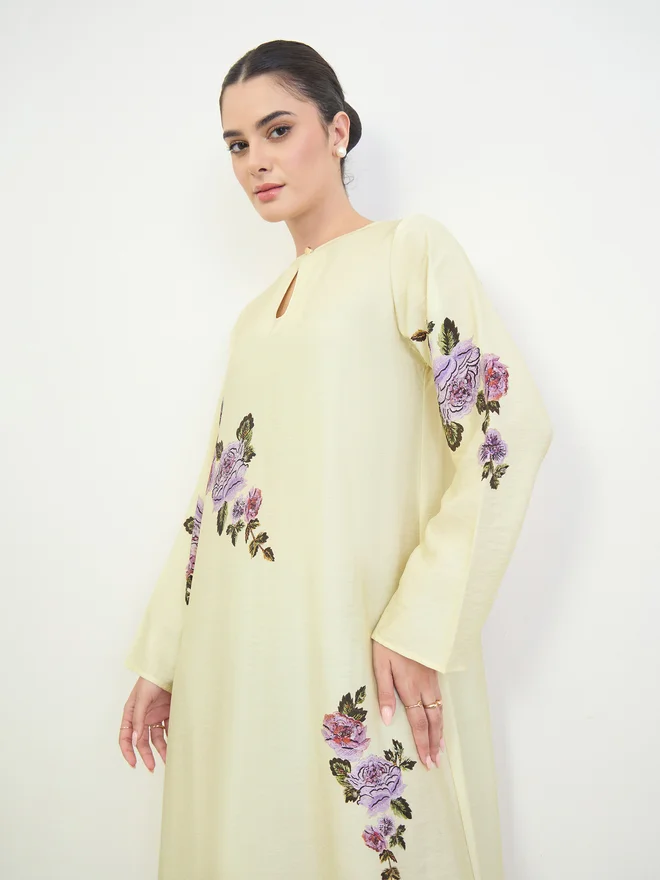 Amirah Yellow Floral Print A-Line Jalabiya Premium Traditional Modest Dress for Women cy9jv