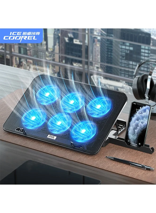 ICE COOREL Ultra-Slim Laptop Cooling Pad with 6 Quiet LED Fans and Phone Holder (For 13-17 Inch Laptops) k21o4