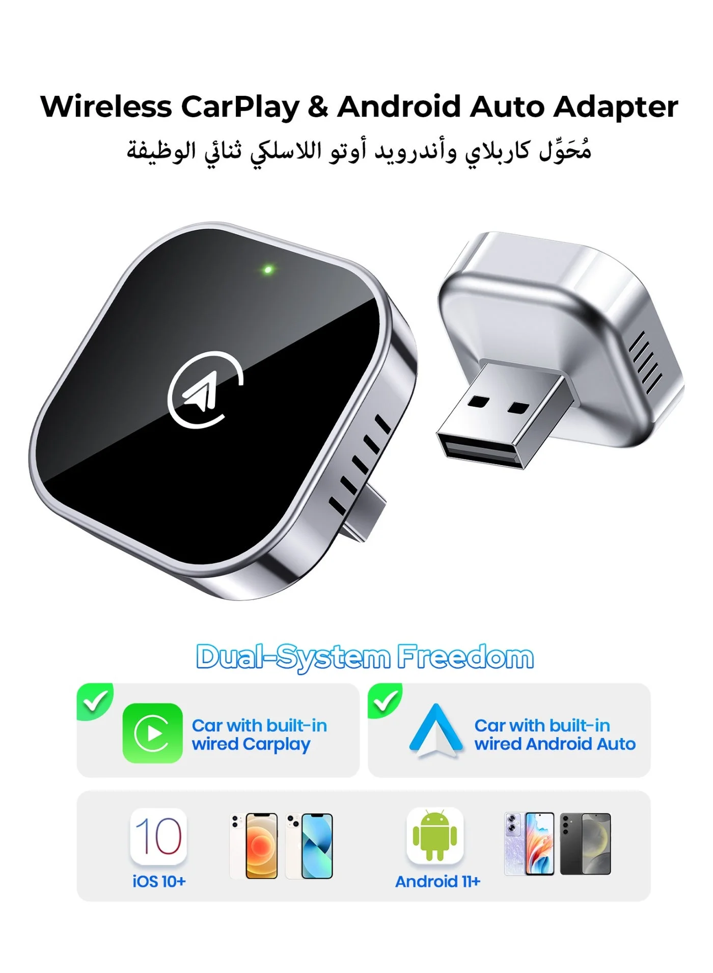 Teeran 2-in-1 Wireless CarPlay and Android Auto Adapter, Premium Plug and Play Car Connectivity Module, Compact Design for Wired Systems (1 Unit) 3pkik
