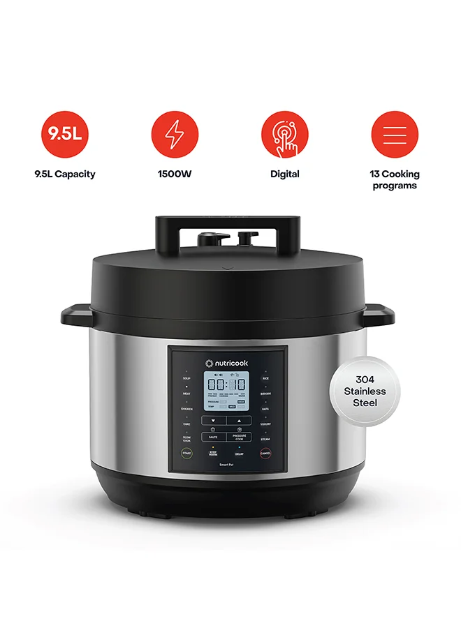 Nutricook Electric Pressure Cooker 9-in-1 Multi-Cooker with 13 Smart Programs (Silver, 9.5 L) 3mzd8