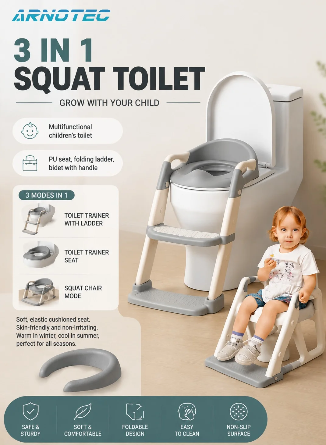 ARNOTEC 3-in-1 Toddler Potty Training Seat with Step Stool Ladder, Adjustable Foldable Toilet Trainer for Boys and Girls (Universal Fit) uyp30