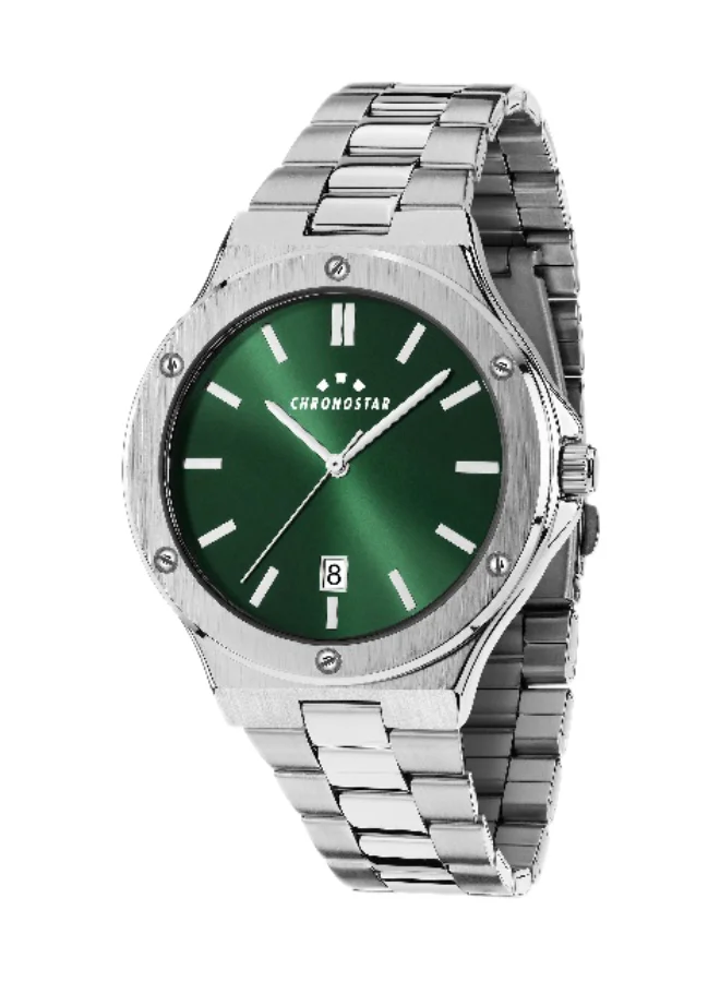 Chronostar Men's Analog Watch Green Round Dial with Silver Stainless Steel Band (42mm) 1j1c6