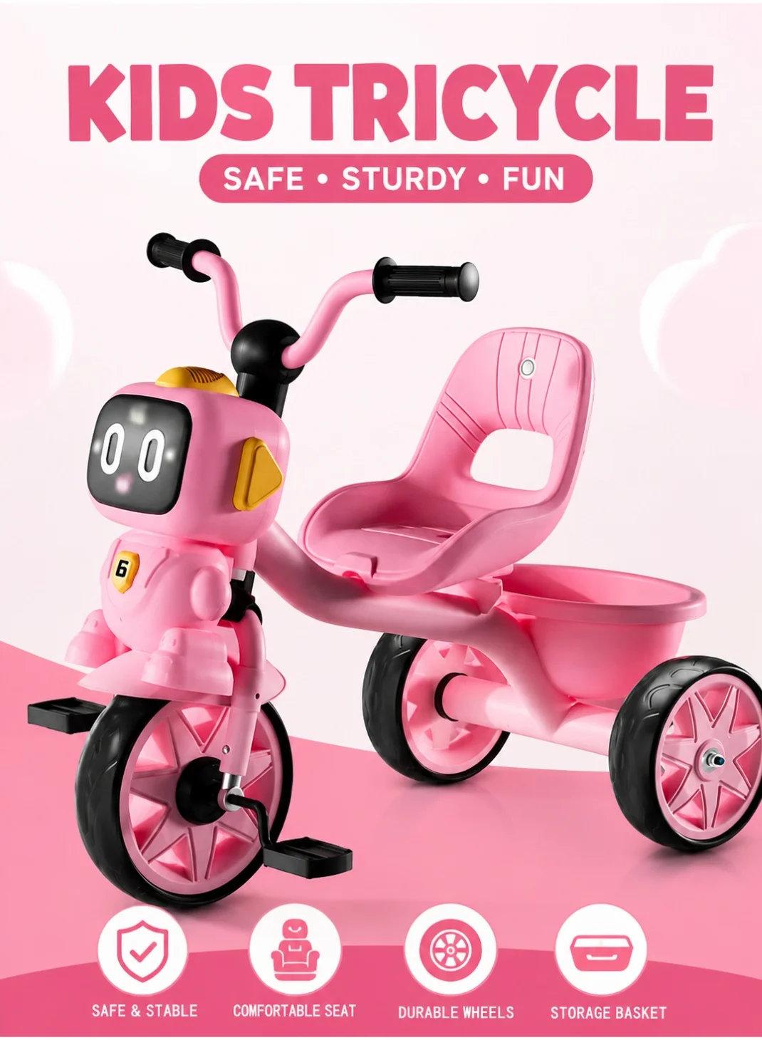 MarkedOne Kids Tricycle with Light and Music - Premium Steel Frame Ride-On Toy with Storage Basket (Rose Pink, 3-Wheel) b95oq