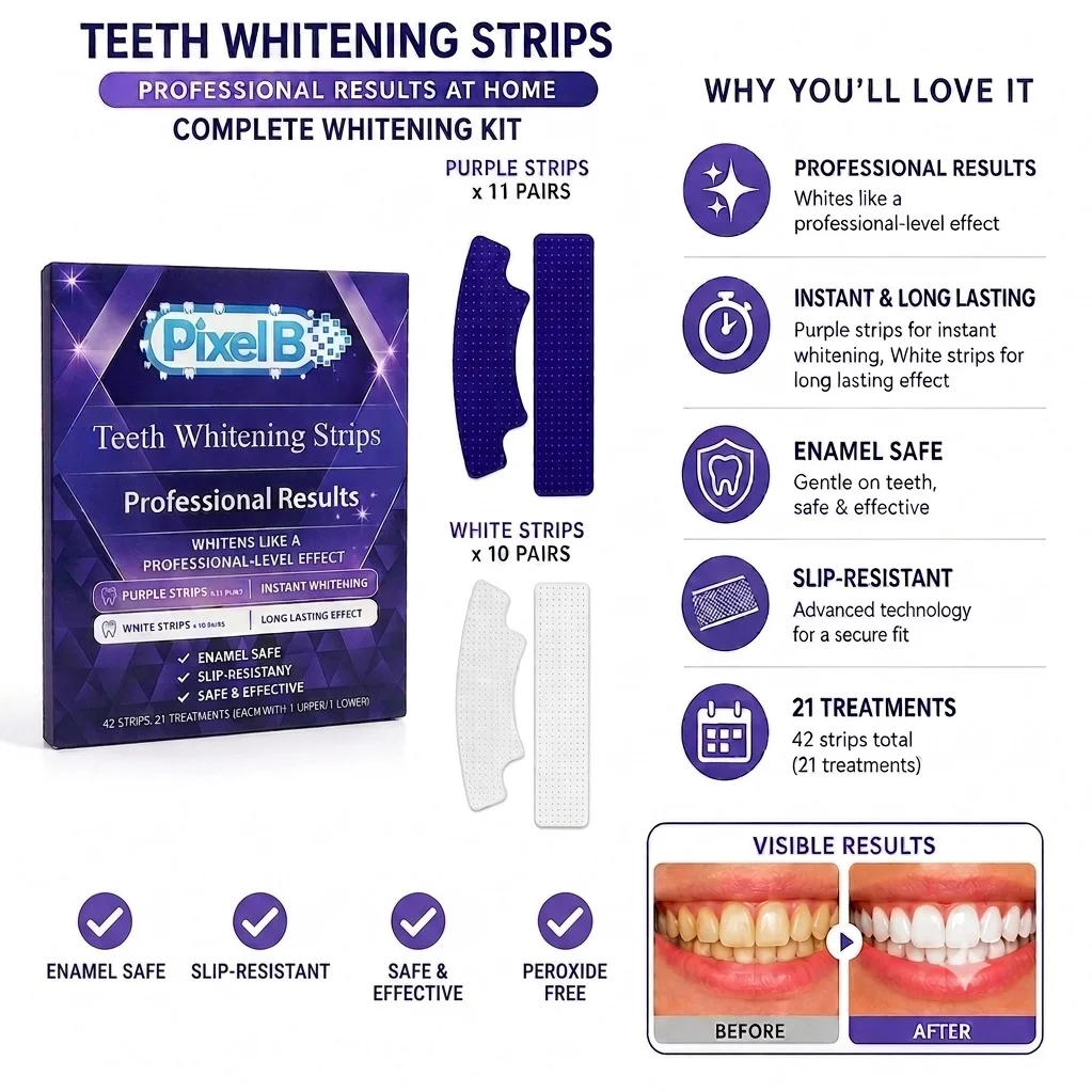 Professional Teeth Whitening Strips Kit, Enamel-Safe Formula for Brighter Smile, Peroxide-Free (42 Strips, 21 Treatments) hv2bo