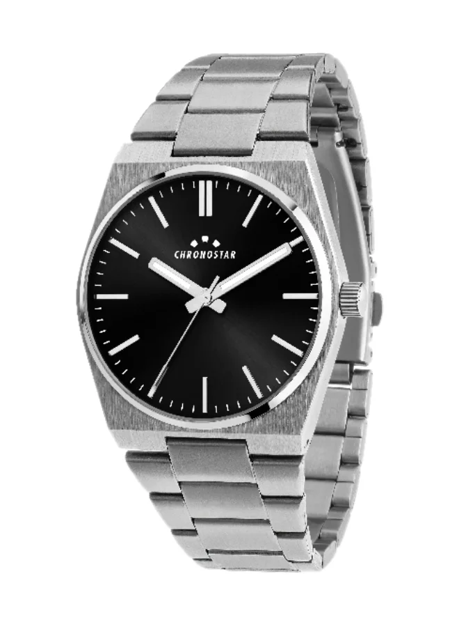 Chronostar Men's Analog Watch with Round Black Dial and Silver Stainless Steel Band (40mm) ki4jl
