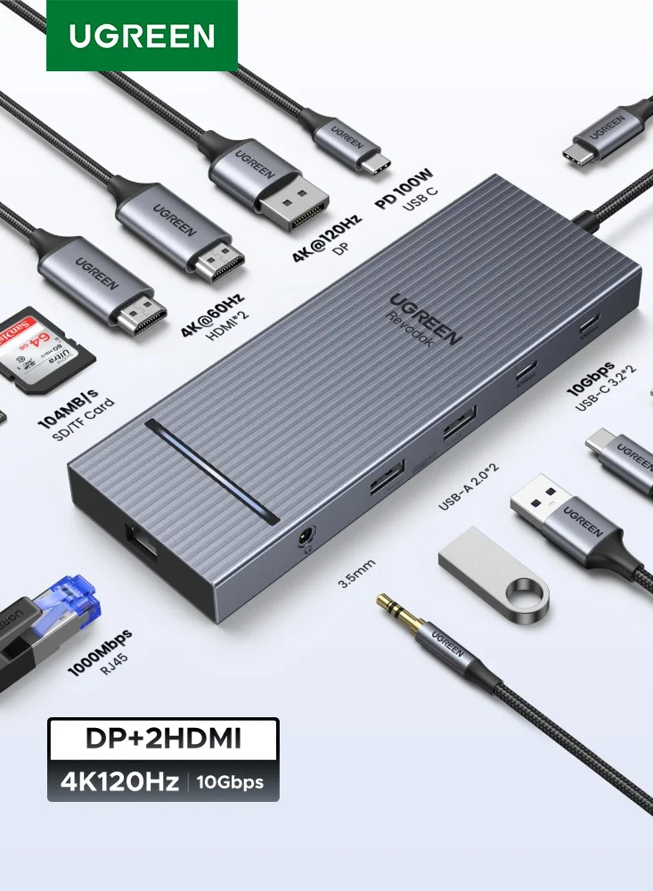 Premium 12-in-1 USB-C Docking Station Triple Display Adapter with 4K Dual HDMI and 100W Power Delivery (Grey) qwmuh