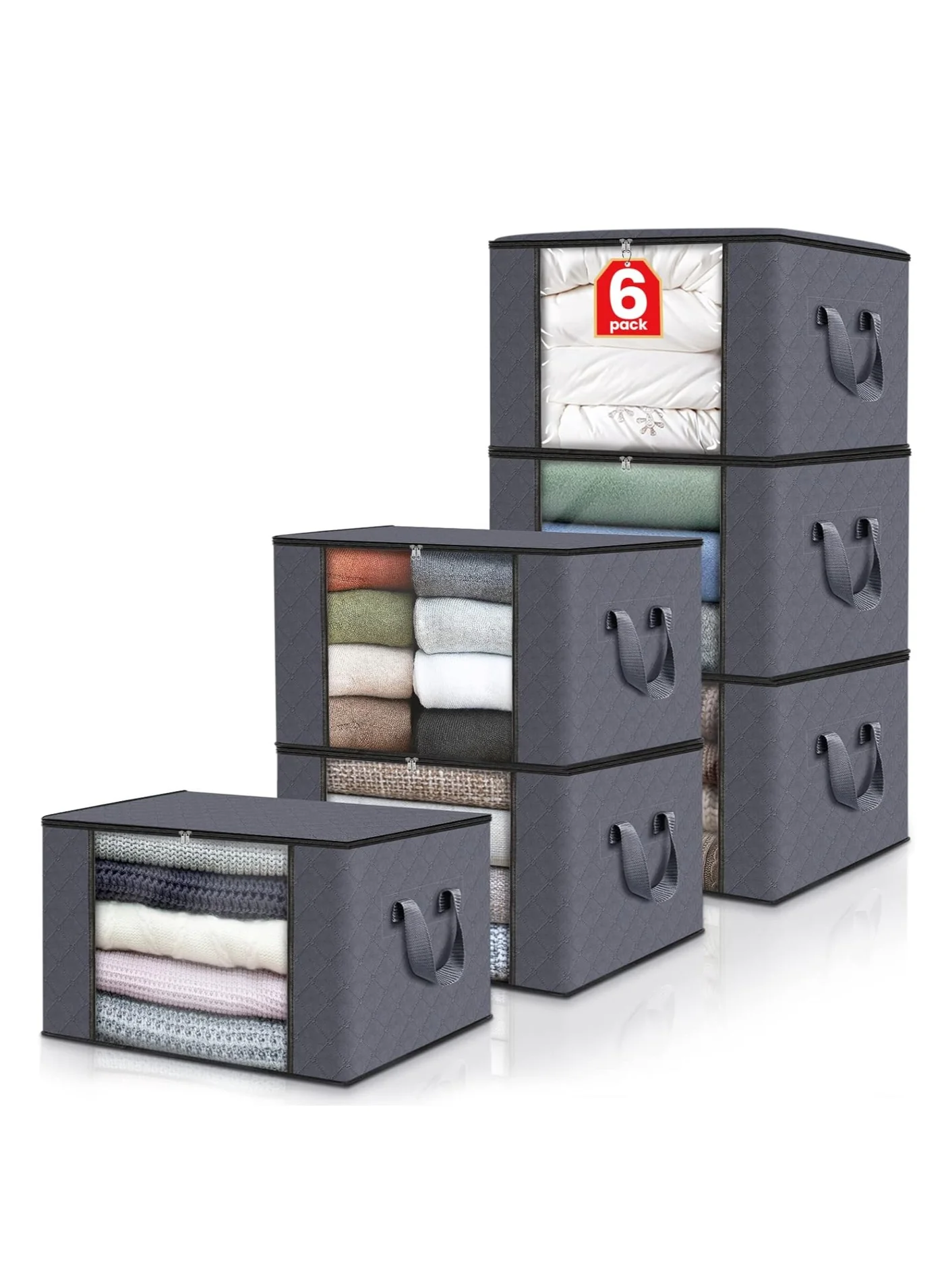 DUNISO Foldable Clothes Storage Bags with Lids and Handles for Closet Organization (Grey, 6 Pack) pvvqz