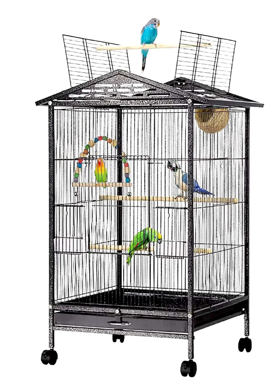 GUDOO Wrought Iron Flight Bird Cage with Rolling Stand for Parrots and Small Birds (Black, 160 cm) v12f6