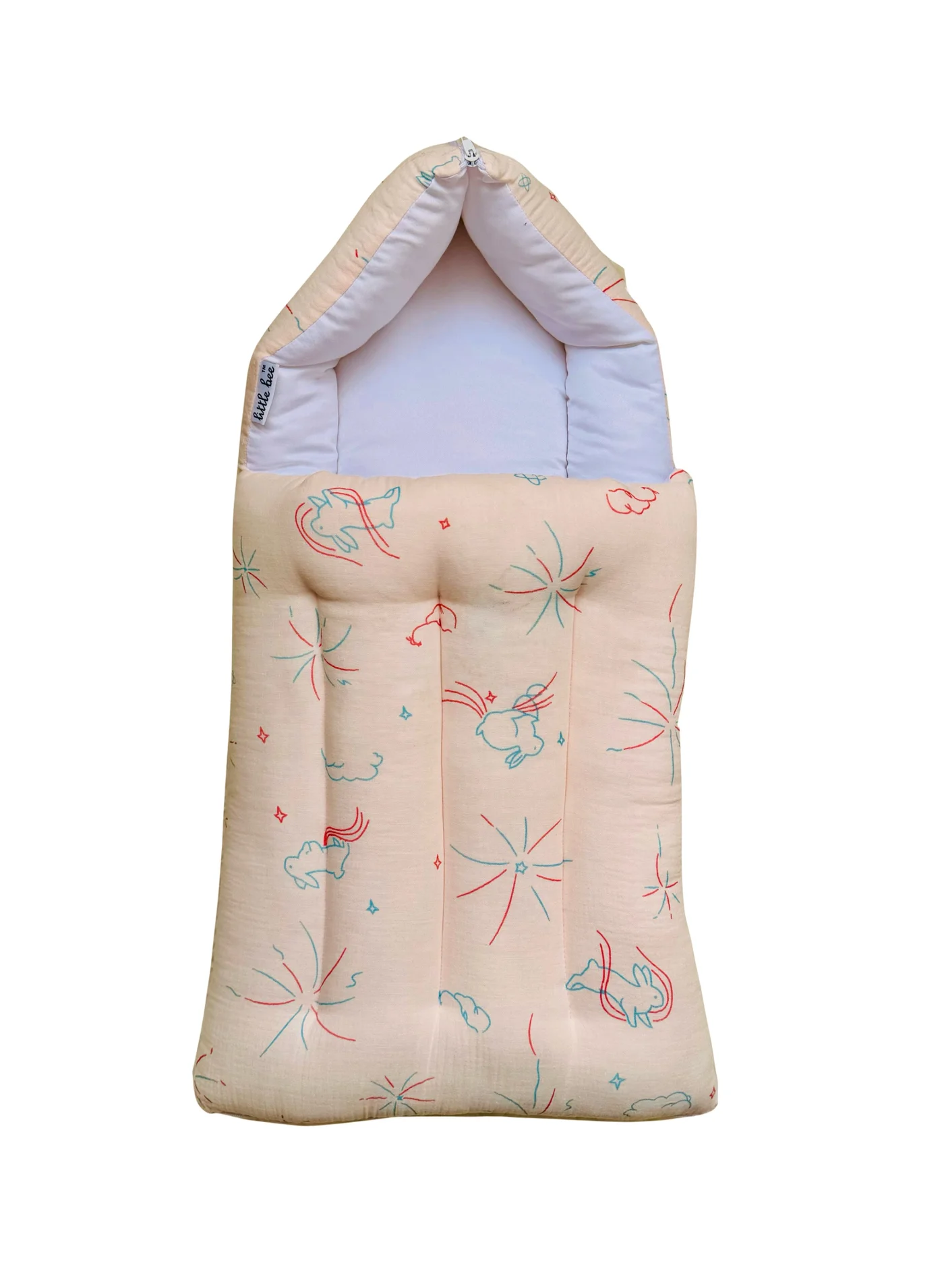 Little Bee 3-in-1 Baby Nest Bed and Sleeping Bag (Muslin Cotton, Peach Rabbit Star, 0-6 Months, 1 Pack) bjovo