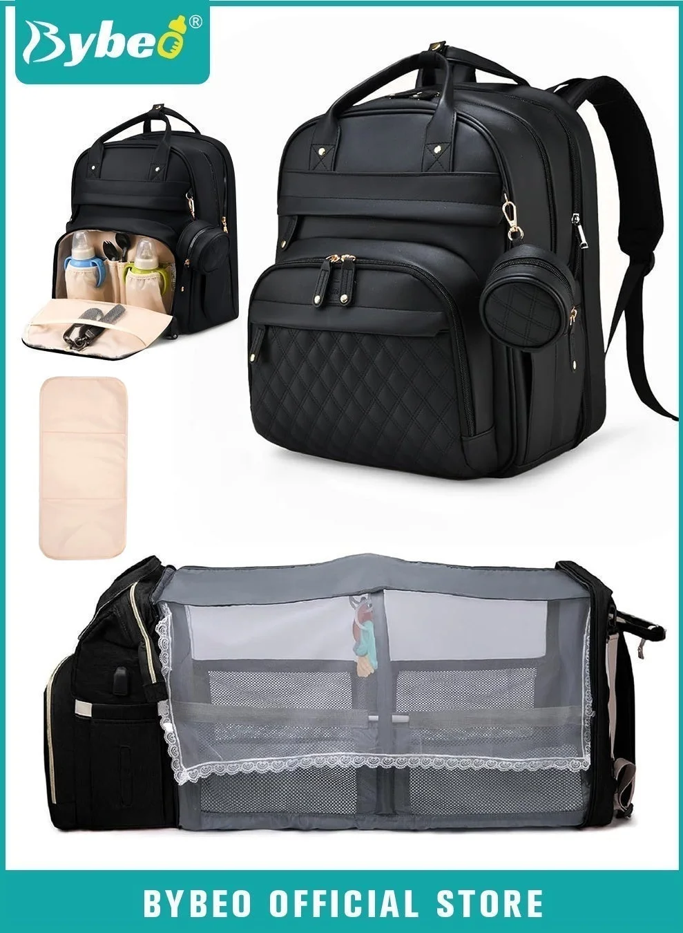 Bybeo PU Baby Diaper Bag Backpack with Portable Changing Station and Toy Bar (Large Capacity, Unisex) zg8co