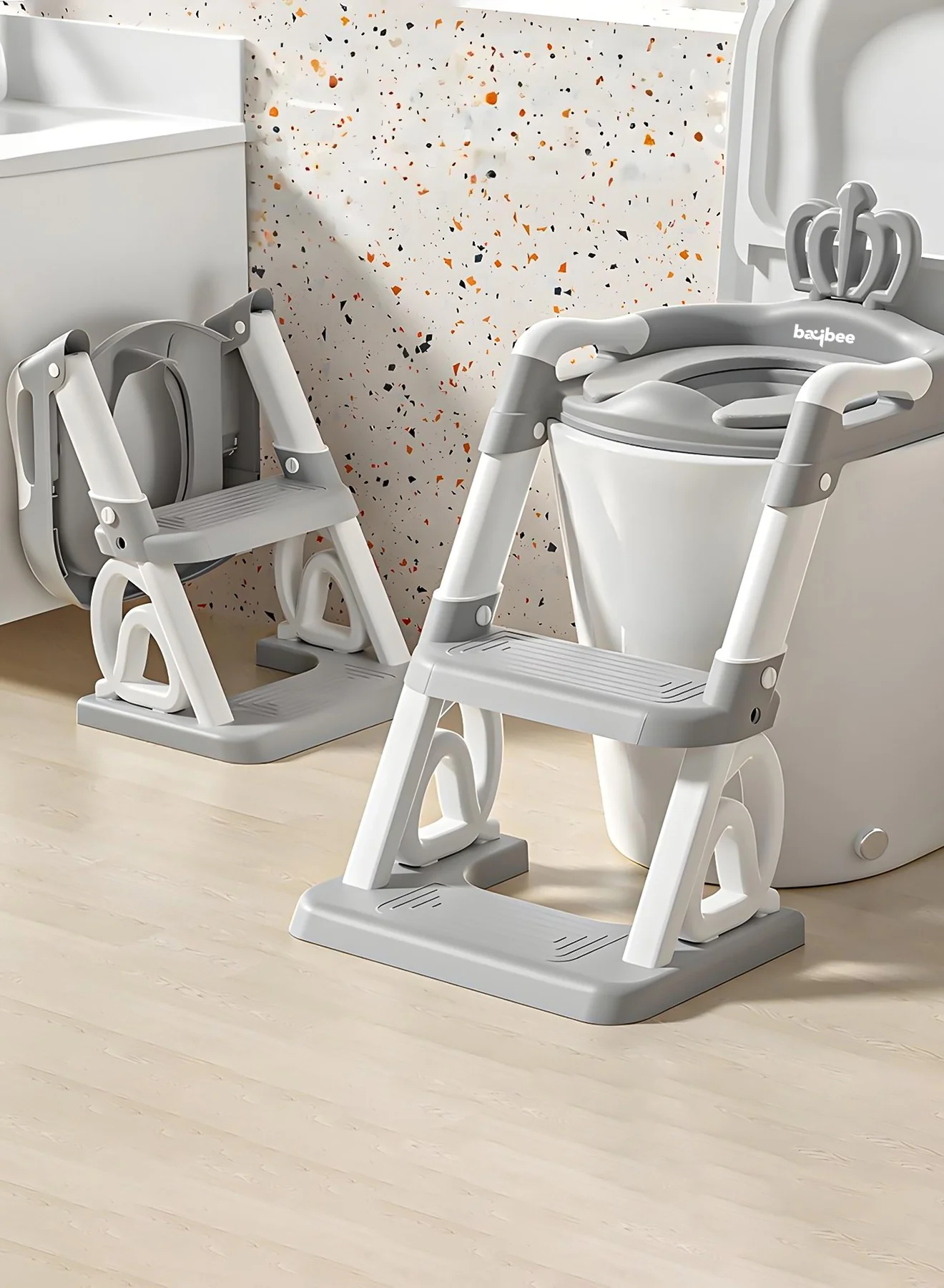 BAYBEE Kids Toilet Potty Training Seat with Ladder and Handle, Adjustable Step Stool for Toddlers, Comfortable Cushion (Grey, 1-10 Years) t0j4i