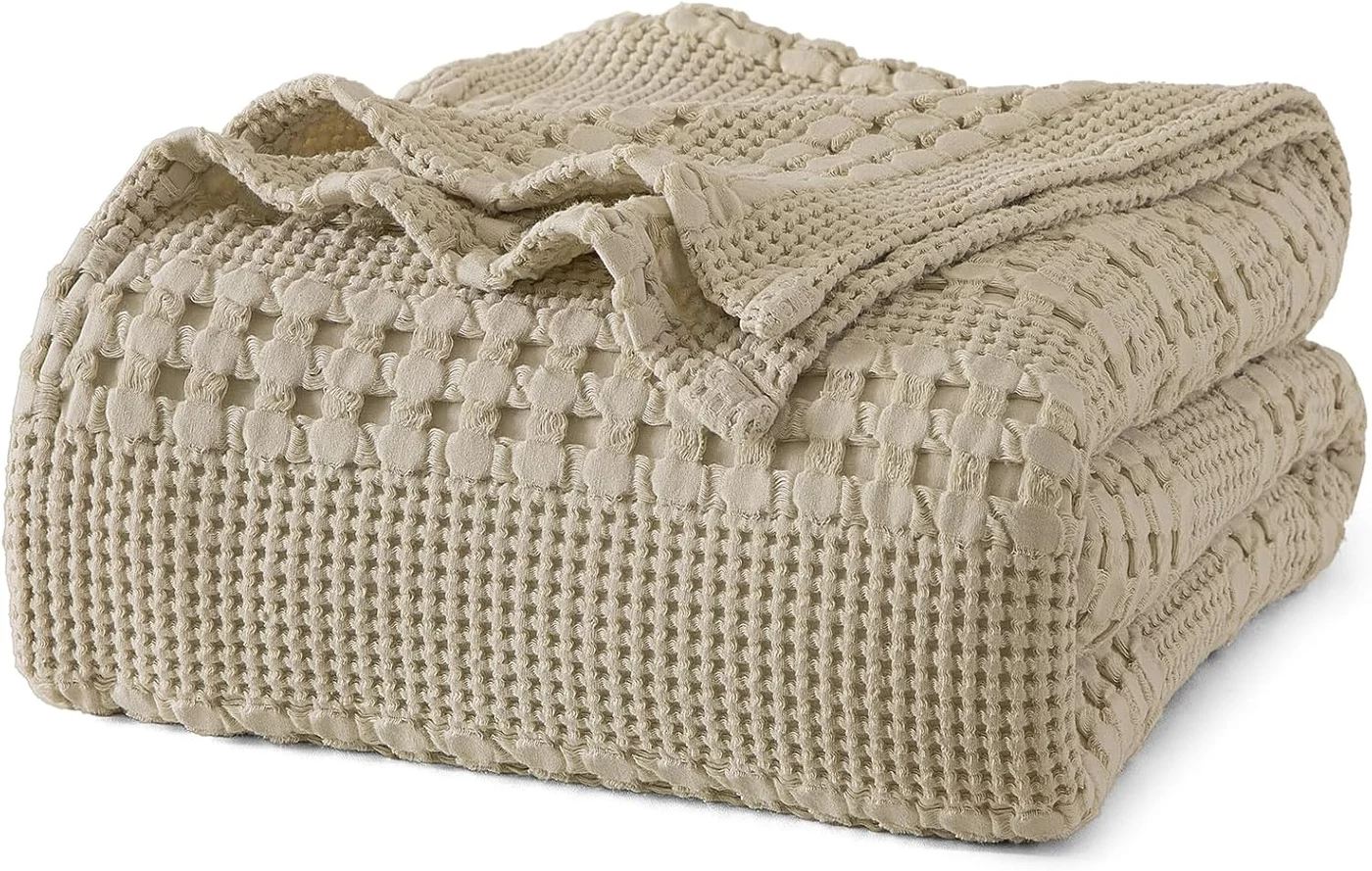 PHF Waffle Weave Cotton Blanket Premium Lightweight Breathable Throw for Bed and Sofa (Khaki, 230cm x 275cm) ycx59