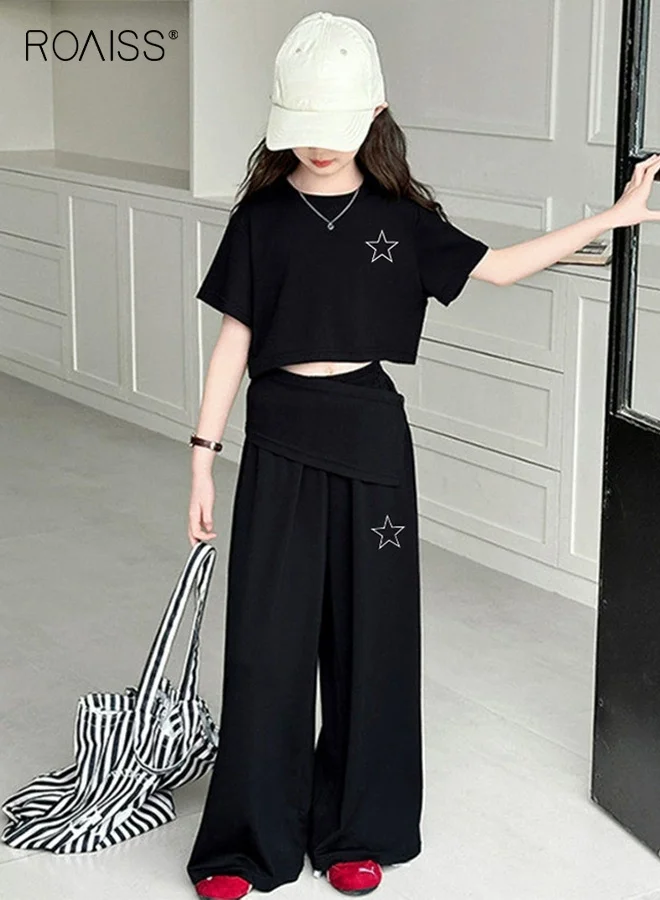 Roaiss Girls Casual Streetwear Set Short Sleeve Crop Top and Wide Leg Pants (Summer Outfit, Kids) kvfxm