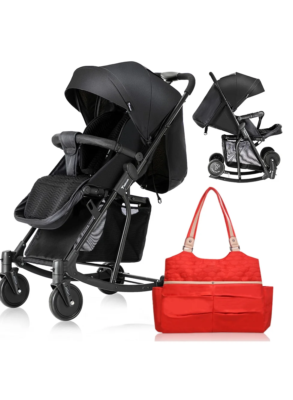 Premium Baby Stroller with Rocker Function and Matching Diaper Tote Bag (Black, One Size) th18w