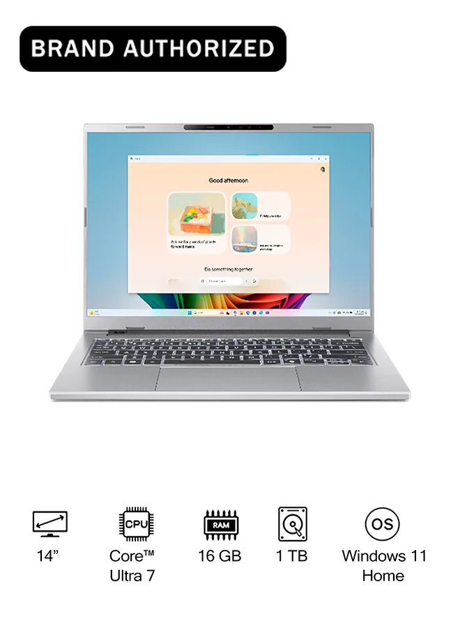 Premium AI Laptop 14-Inch WUXGA Display, Core Ultra 7 Processor, 16GB RAM, 1TB SSD, Intel Arc Graphics, Windows 11 Home (Pure Silver, 14-Inch) i6fg9