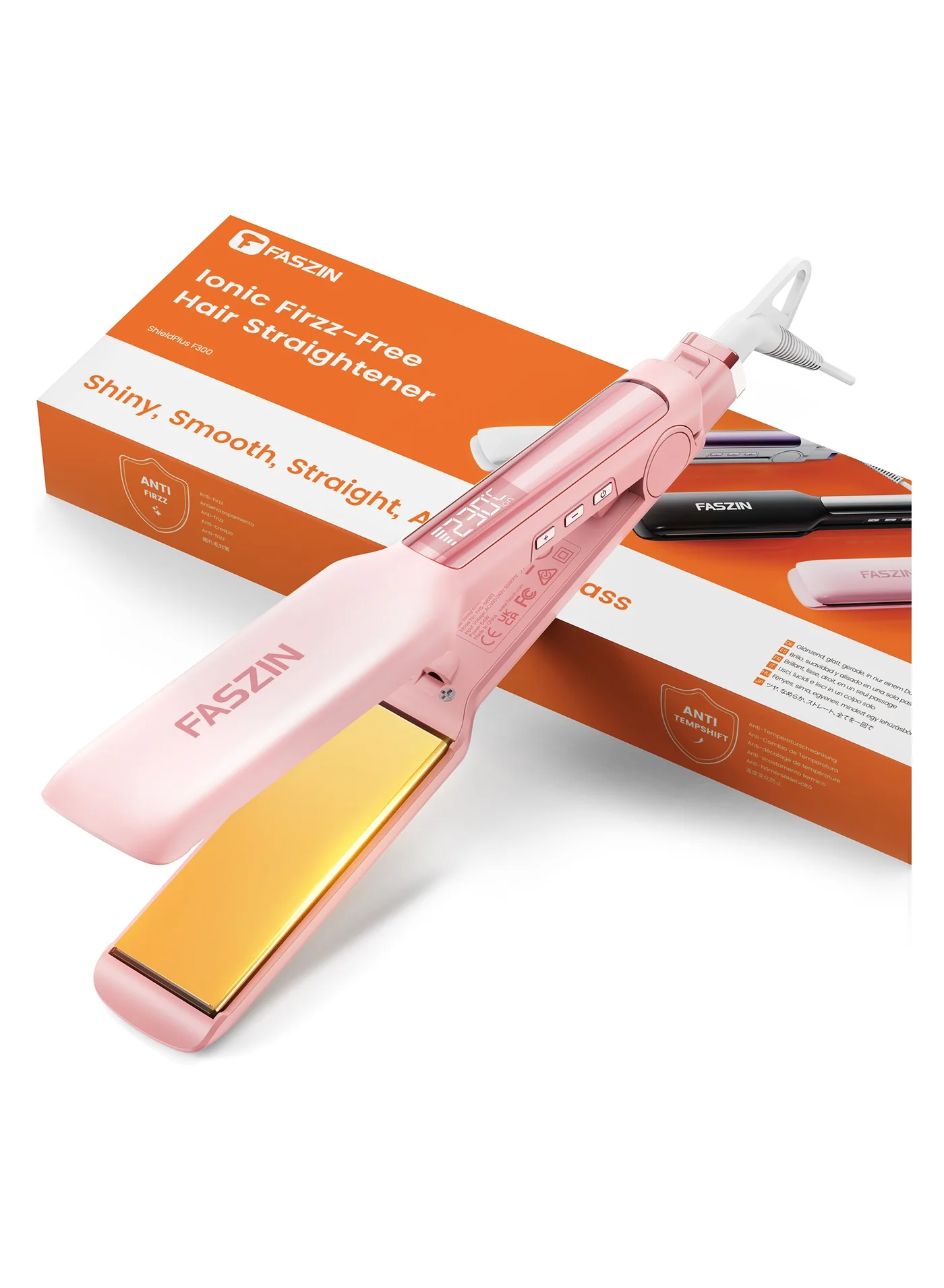 Faszin Professional Hair Straightener 42mm Wide-Plate Titanium Flat Iron with Negative Ion Technology and 10 Adjustable Temperature Levels (Pink, 42mm) brp99