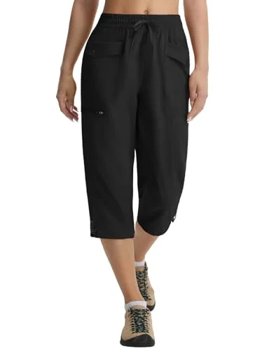 Premium Women's Capri Cargo Pants Lightweight Quick-Dry Hiking Trousers with 7 Pockets (Black, L) bp1gk