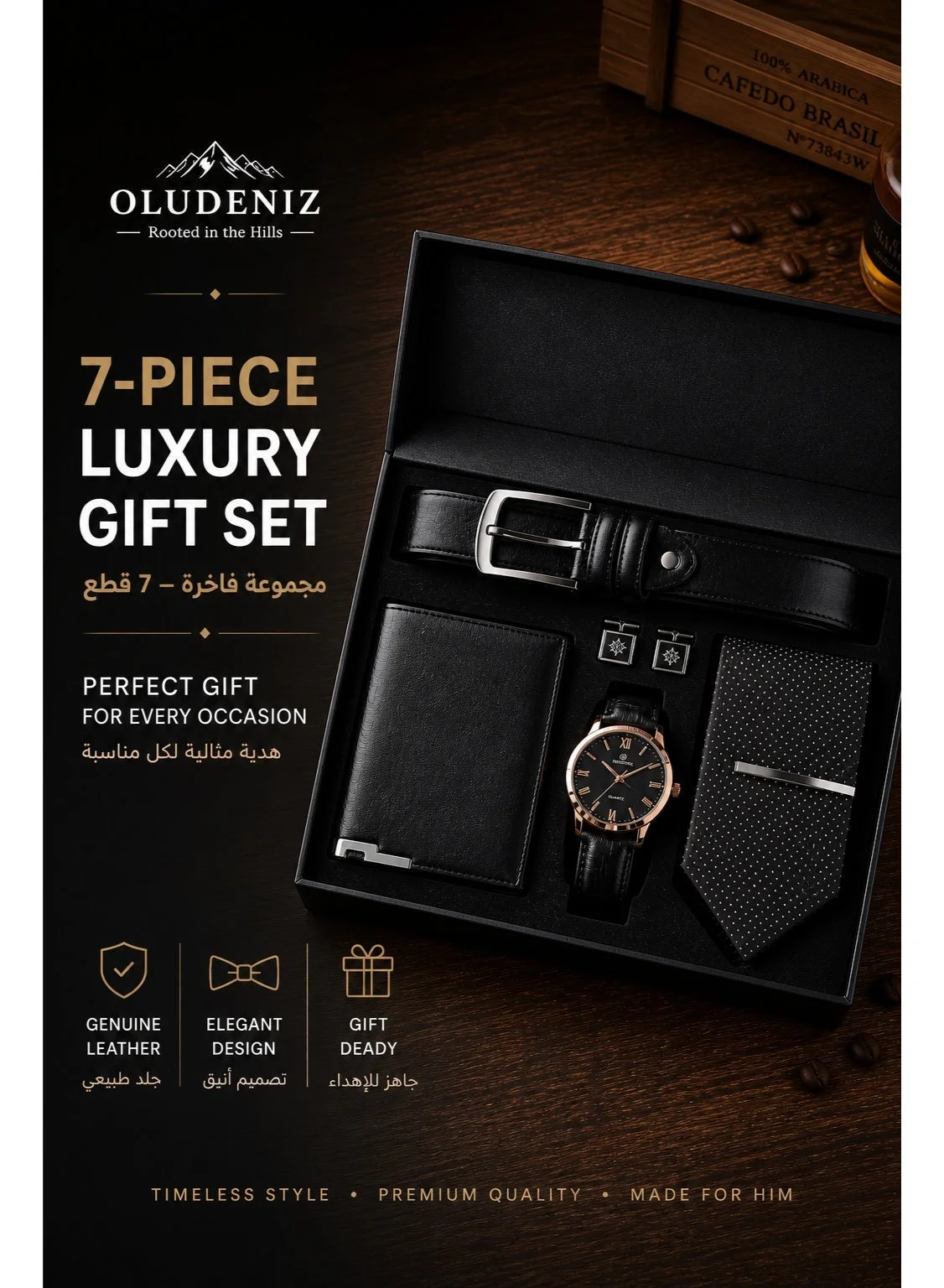 OLUDENIZ 7-in-1 Men¡¯s Business Gift Set Premium Leather Watch Belt Wallet Tie Cufflinks and Tie Clip (Black, One Size) yf3r9