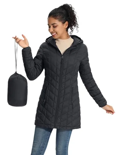 ZMC Lightweight Packable Puffer Jacket with Hood Mid-Length Quilted Winter Coat for Women (Black, XL) 8mmb4