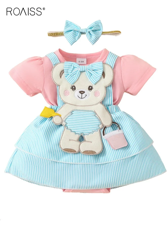 Roaiss Newborn Baby Girl Summer Outfit Set, Short Sleeve Bear Romper Dress with Headband (2-Piece Set, 0-12 Months) phz3i