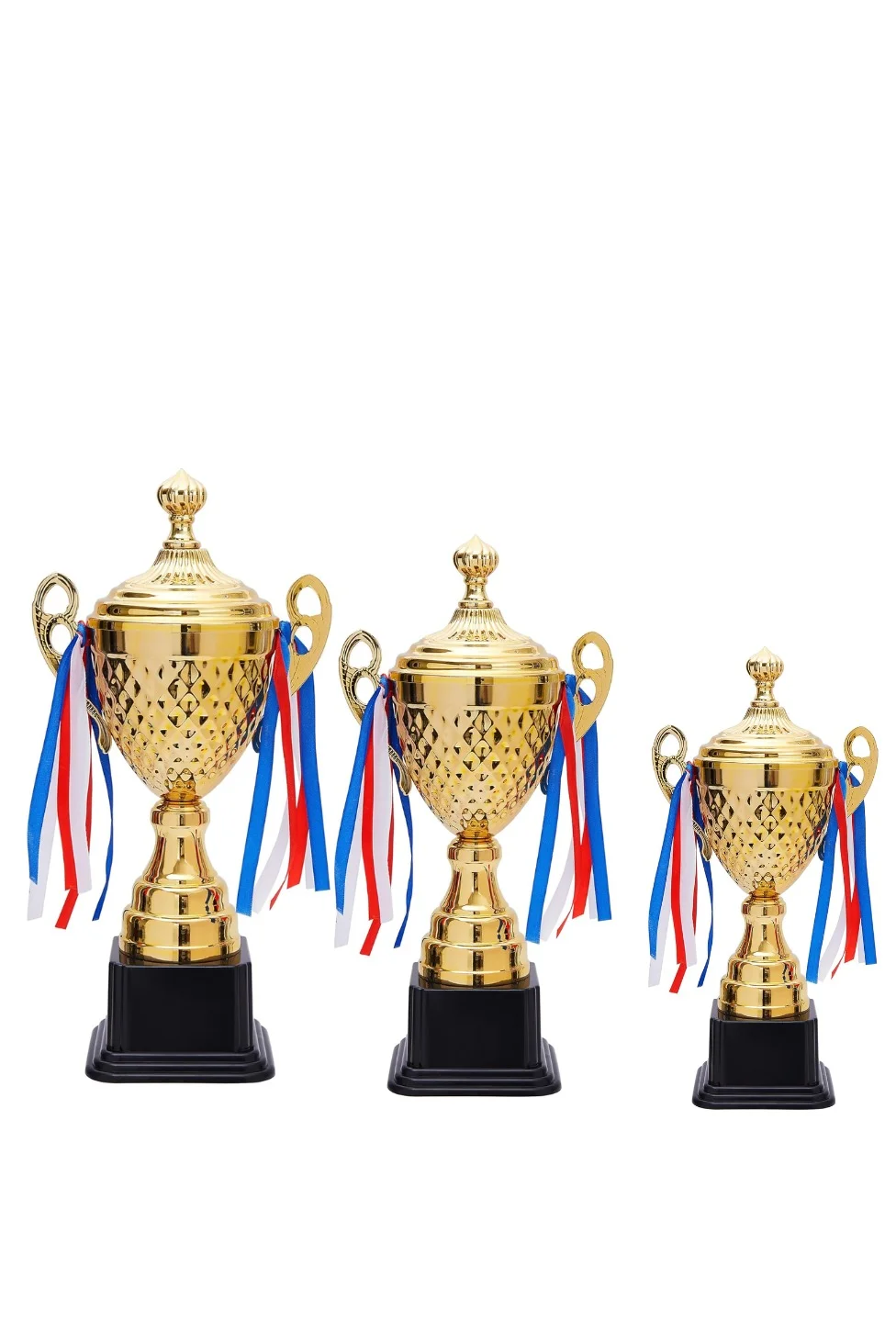 Spall Gold Metal Trophy Cup Award Set (39cm, 45cm, 51cm) Premium Sports Competition Prize with Colorful Ribbons for Ceremonies and Appreciation dsot0