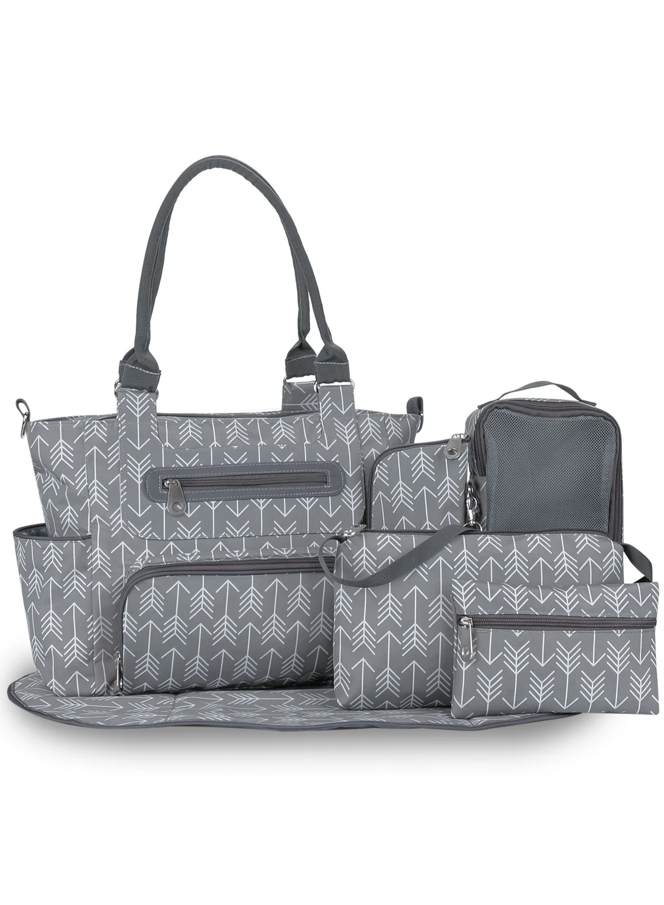 GUDOO 6-Piece Multifunctional Diaper Bag Set with Stroller Hooks and Changing Mat (Large Capacity, Grey) a3s8a