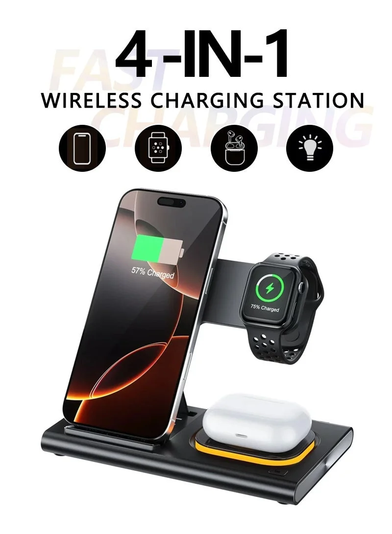 CAYGA 4-in-1 Foldable Fast Wireless Charging Station with Night Light (Black, 1 Unit) 2ksdv