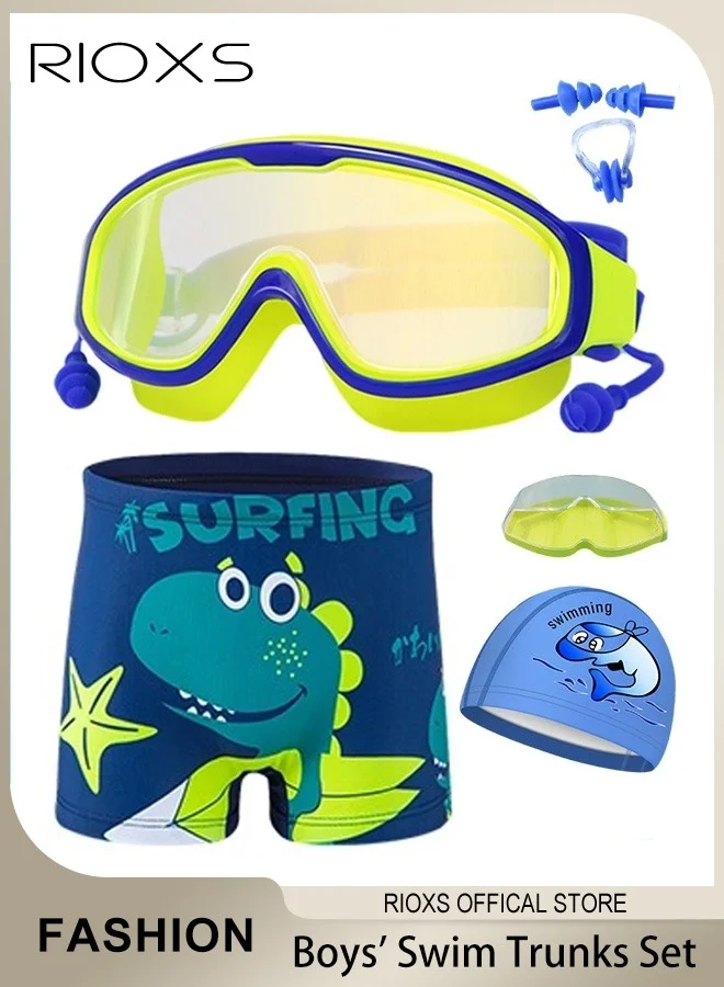 RIOXS Boys Swimming Set Premium Swim Trunks Cap Anti-Fog Goggles Ear Plugs Nose Clip Kit (3-15 Years) aeb38