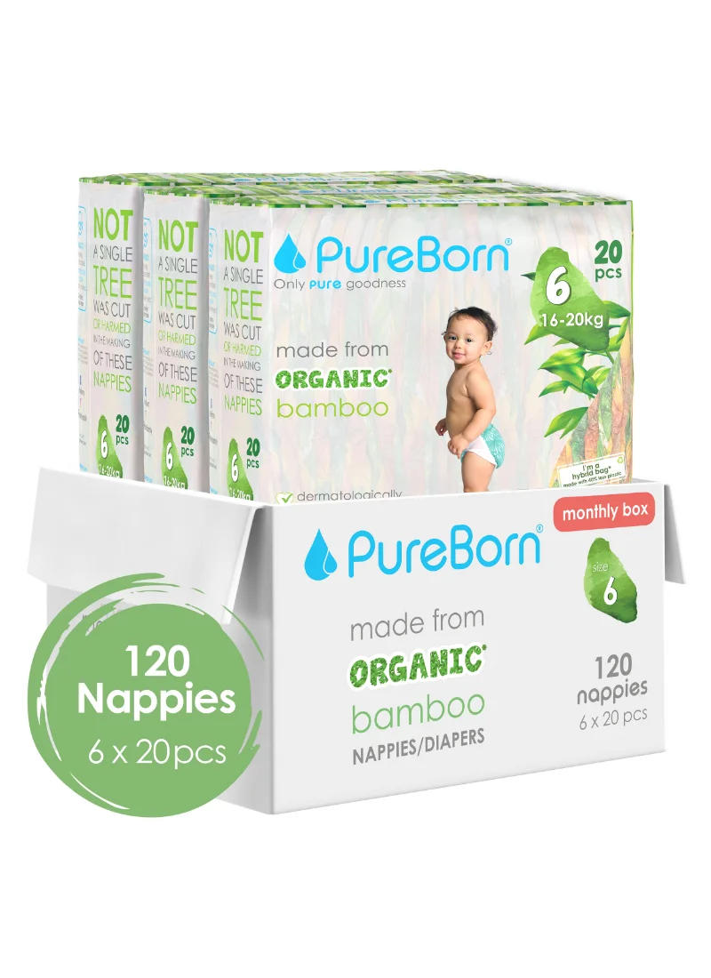 PureBorn Organic Diapers Size 6 (16-20 kg, Pack of 6) Premium Eco-Friendly Disposable Nappies for Toddlers jffmr