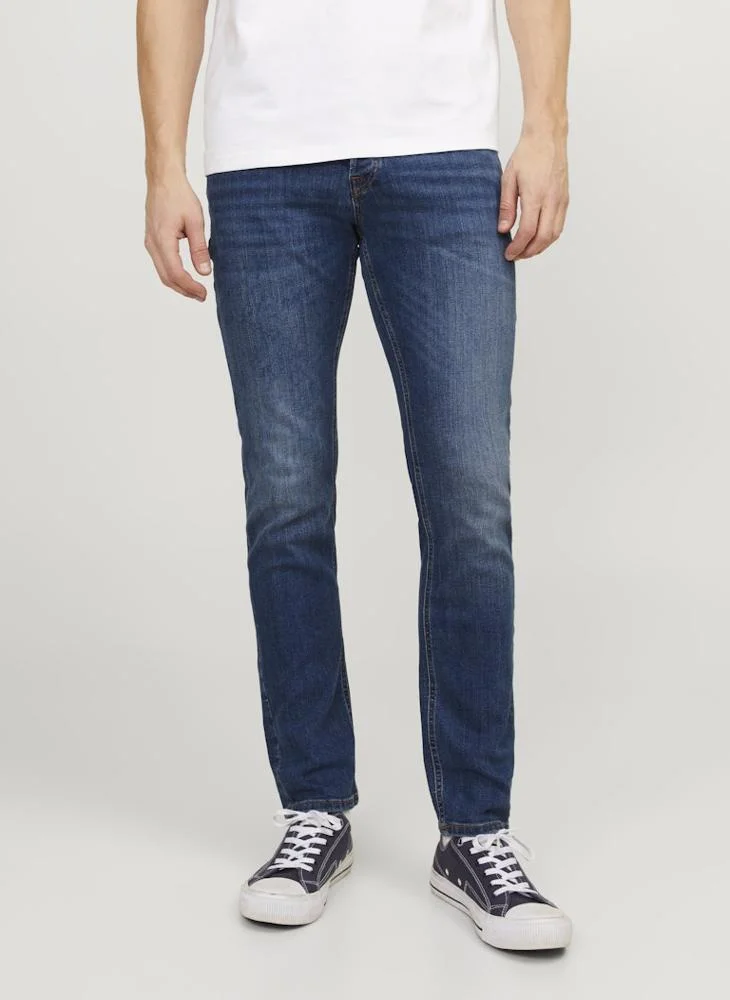 JACK & JONES Slim Fit Jeans Mid Washed Premium Denim Trousers for Men (Blue, 32W x 32L) j479z