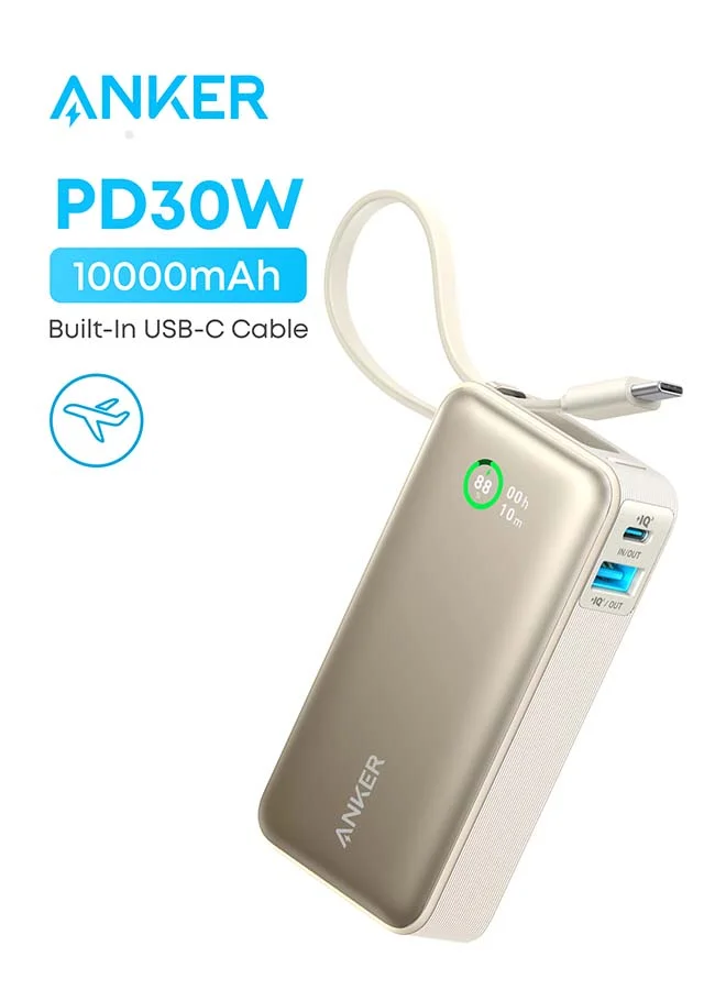 High-Speed Nano Portable Power Bank 10000mAh with Built-in USB-C Cable 30W Fast Charging for Smartphones and Laptops (White) 2a4uz