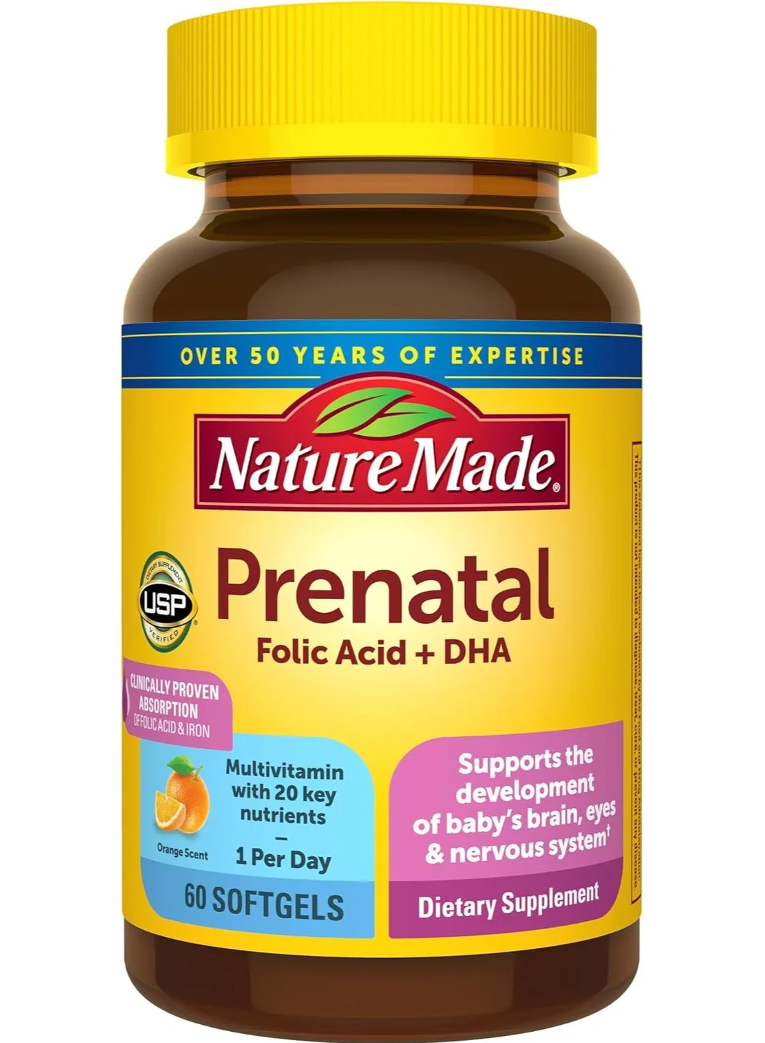 Prenatal Folic Acid and DHA Supplement (Orange, 60 Softgels) awyit