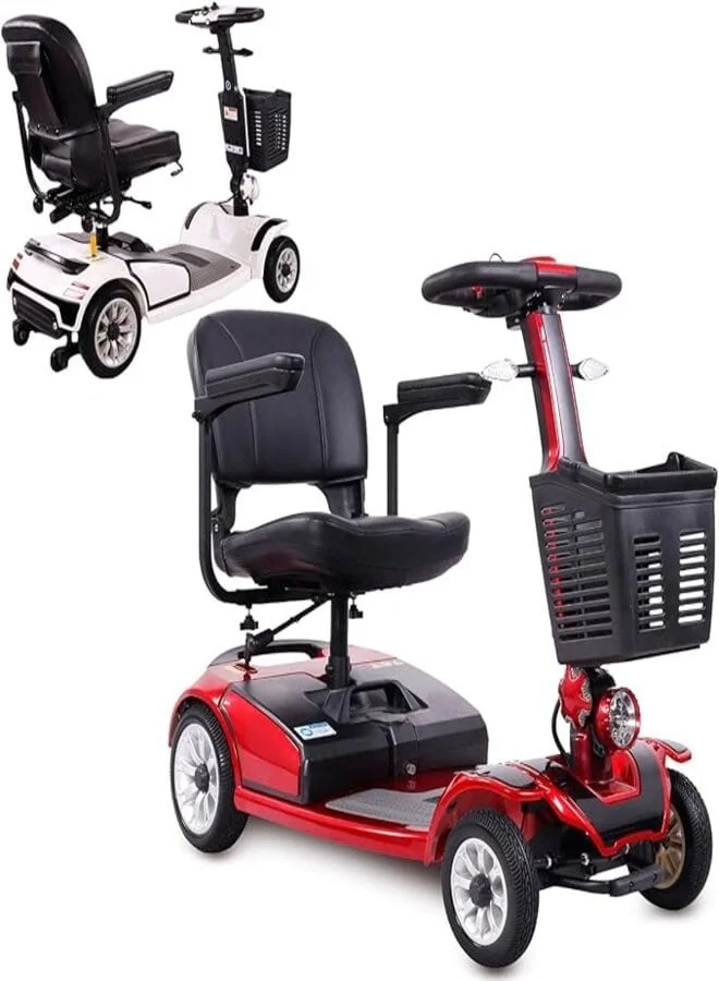 SUNCART Premium Foldable 4-Wheel Electric Mobility Scooter with LED Lights and Swivel Seat (Red) eoh66