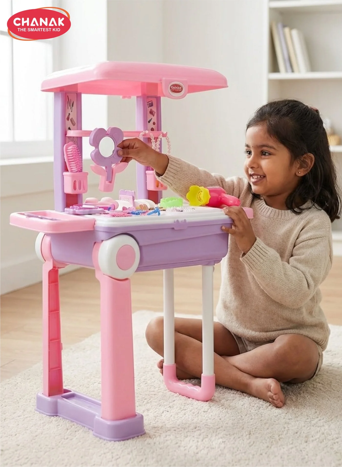 Chanak Portable Beauty Trolley Makeup Play Set with Rolling Wheels (25 Pieces, Kids) dyeqg